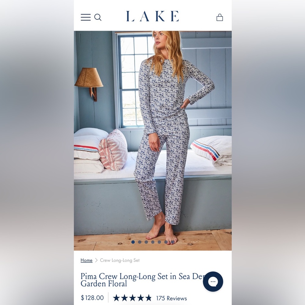 LAKE Pima Crew Long-Long Set in Sea Deep Garden Floral - Blue/White NWT